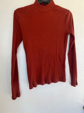 Uniqlo Ribbed Mock Neck Long Sleeve Top - Rust Brown